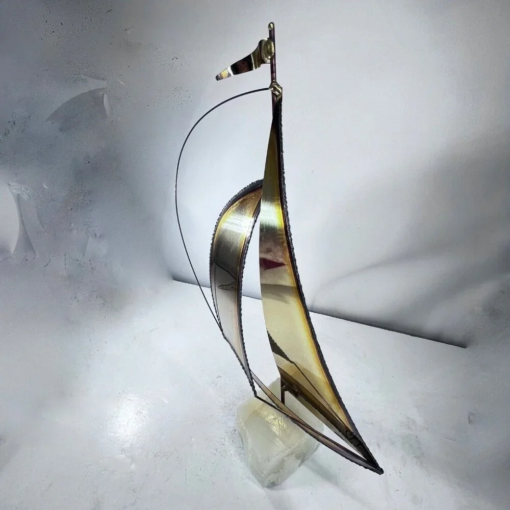 Vtg MCM Mario Jason Handmade Brass Sailboat Sculpture Marble Quartz Base Signed - Picture 4 of 9
